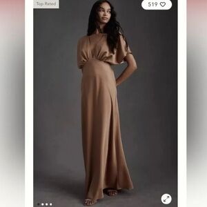 BHLDN Leila Deep-V Flutter-Sleeve Satin A-Line Gown